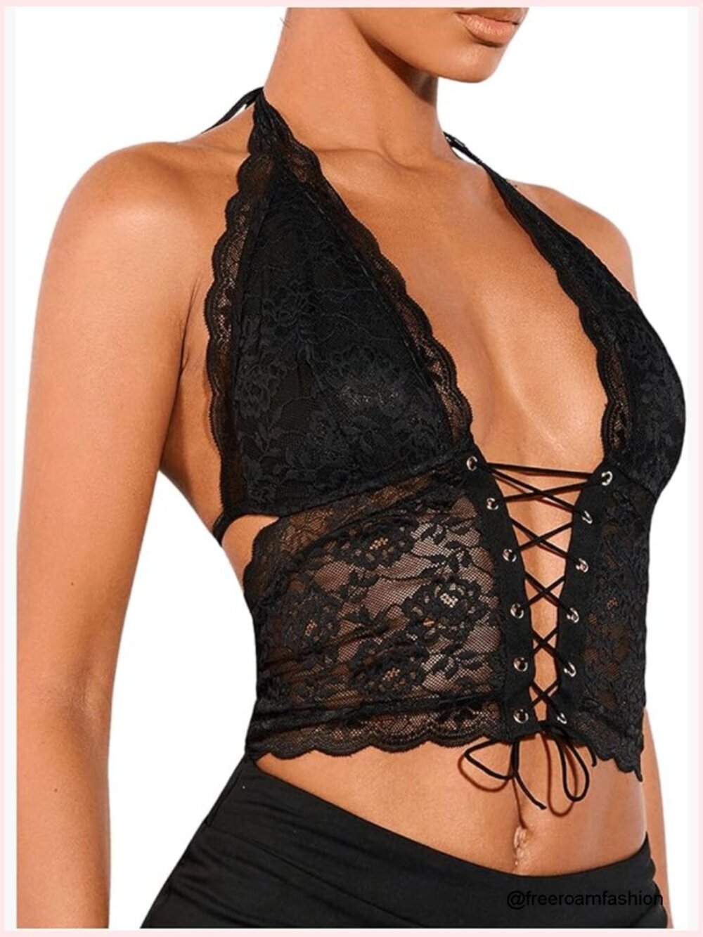 Women's Lace Sheer Corset Crop Top Halter Tie Up Backless